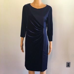 DNKY Asymmetrical cinched at the waist with rhinestone pin, blue velvet dress